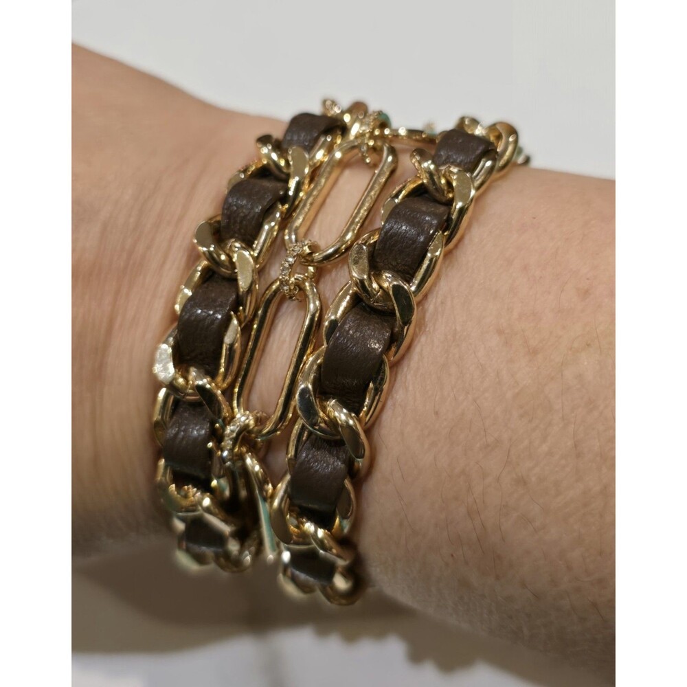 Gold Tone Brown Leather Multi Strand Chain Bracelet Magnetic Clasp Statement